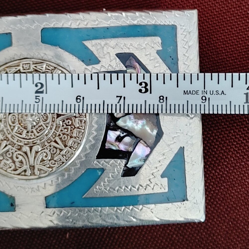 Vintage Aztec Sun Dial Belt Buckle – Silver with Blue Accents - Picture 7 of 7